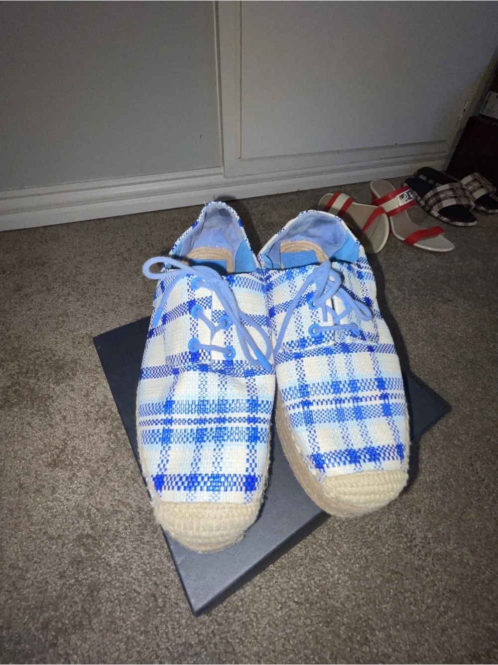 Tory Burch Blue and White Plaid Espadrille Sneakers